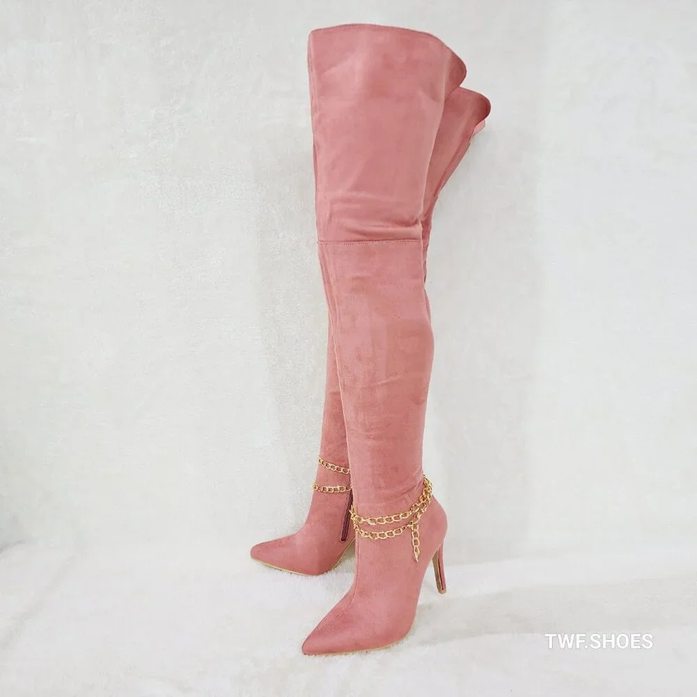 Mata Shoes Dusty Pink Suede Over-the-Knee Stiletto Boots w/Gold Chain Brand new.